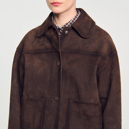 Sandro Studded suede leather jacket Brown