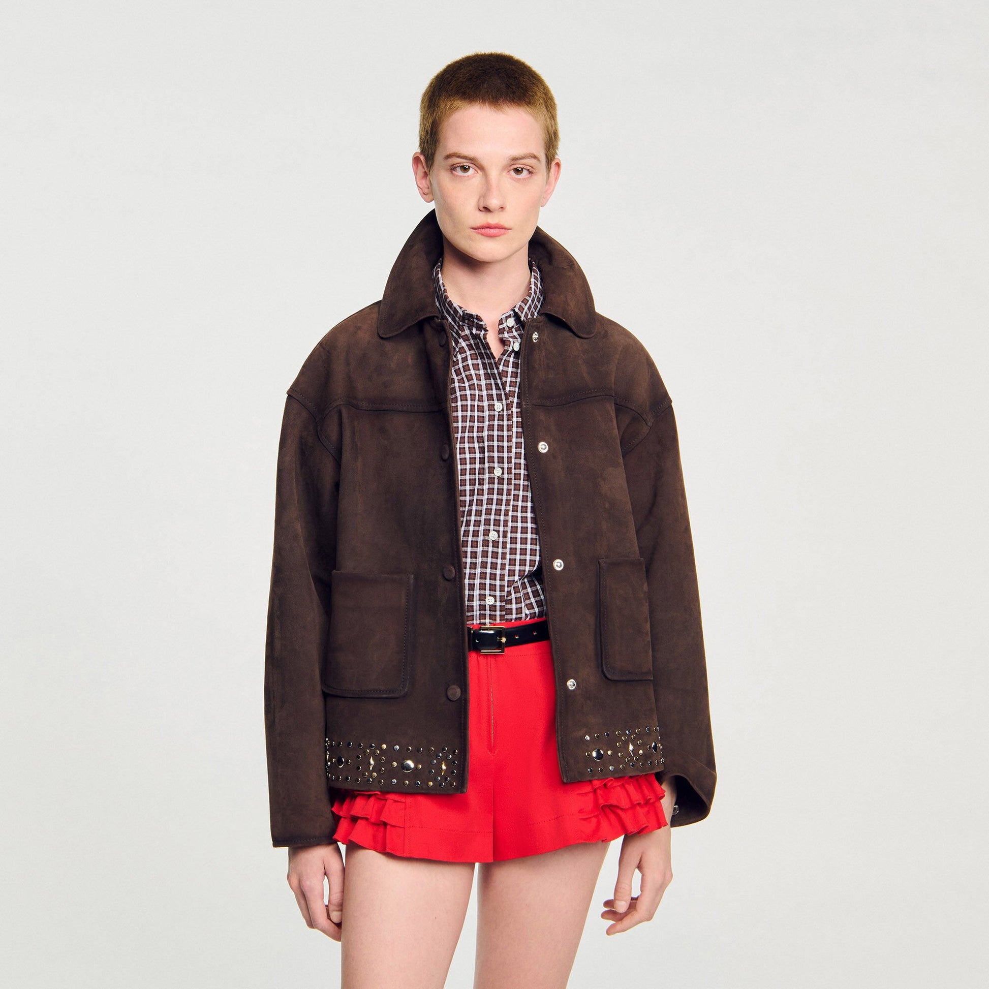 Sandro Studded suede leather jacket Brown