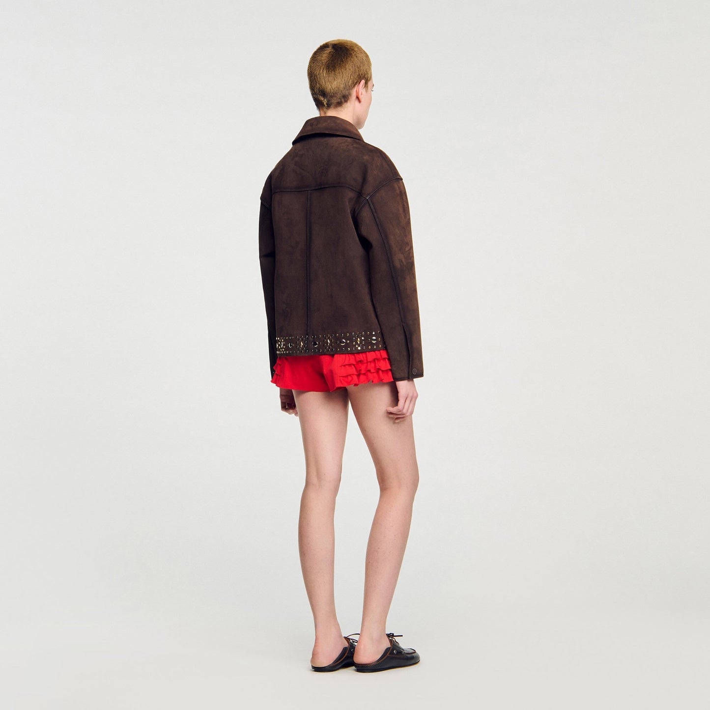 Sandro Studded suede leather jacket Brown