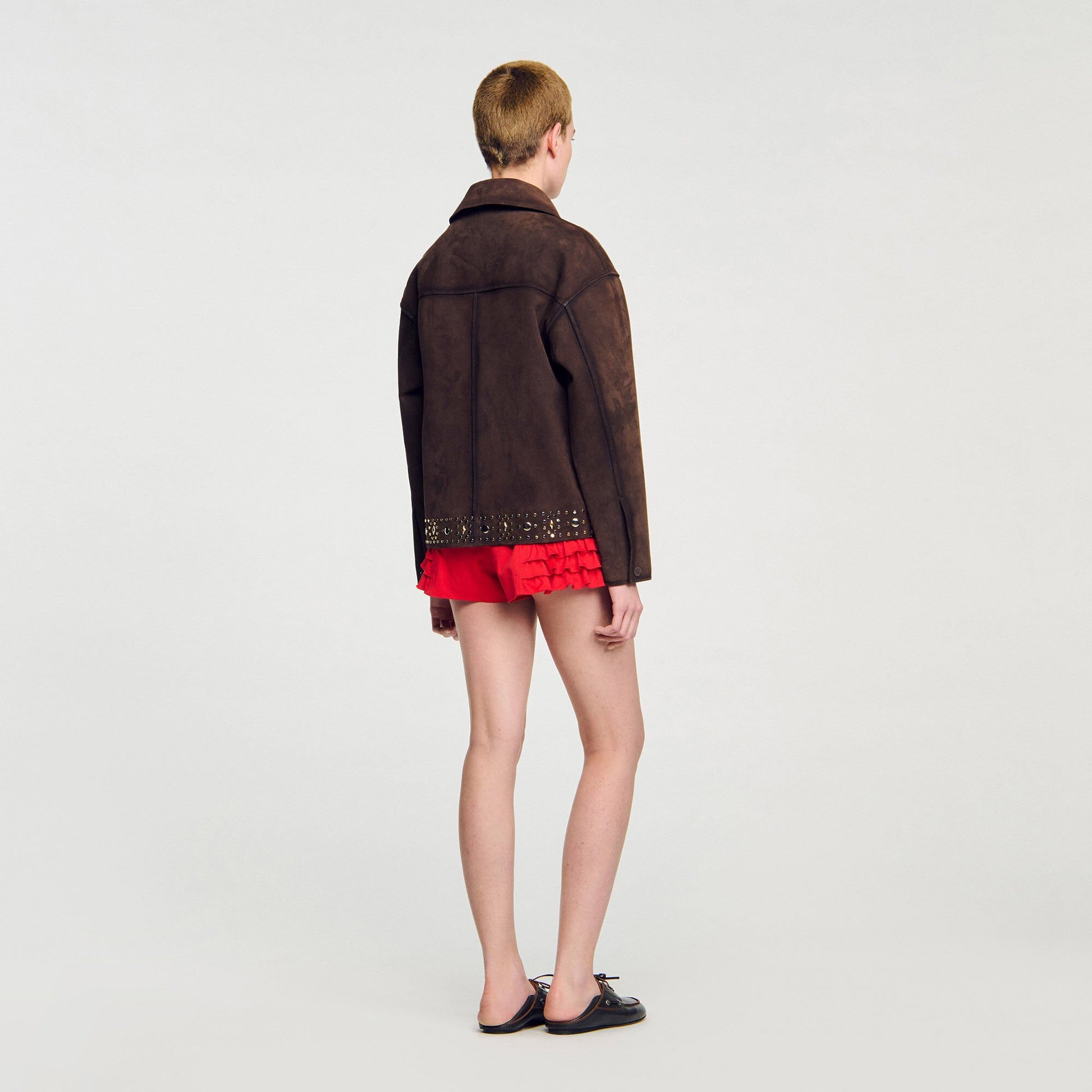 Sandro Studded suede leather jacket Brown
