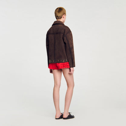 Sandro Studded suede leather jacket Brown
