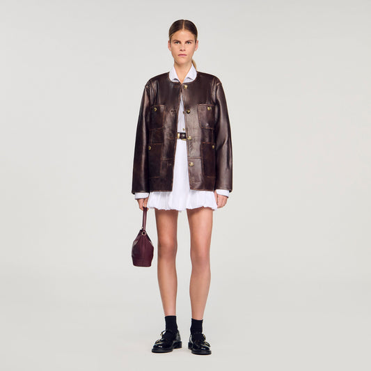 Sandro Long distressed leather jacket Black Brown