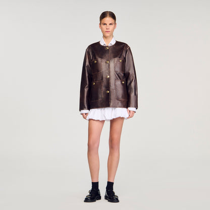 Sandro Long distressed leather jacket Black Brown