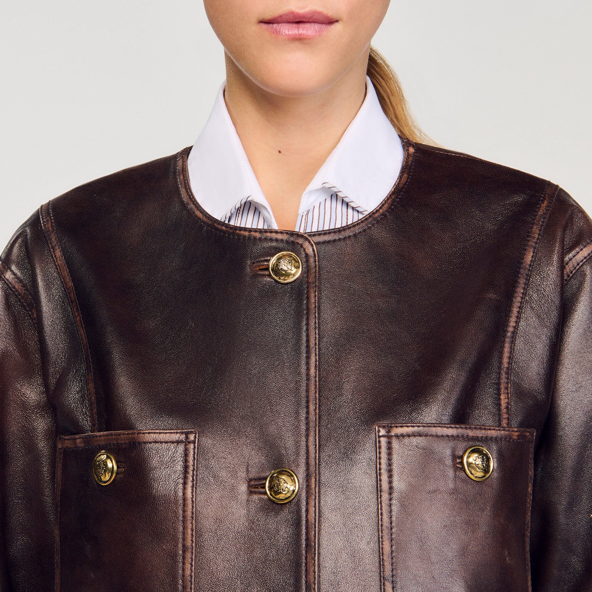 Sandro Long distressed leather jacket Black Brown