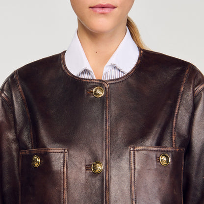 Sandro Long distressed leather jacket Black Brown