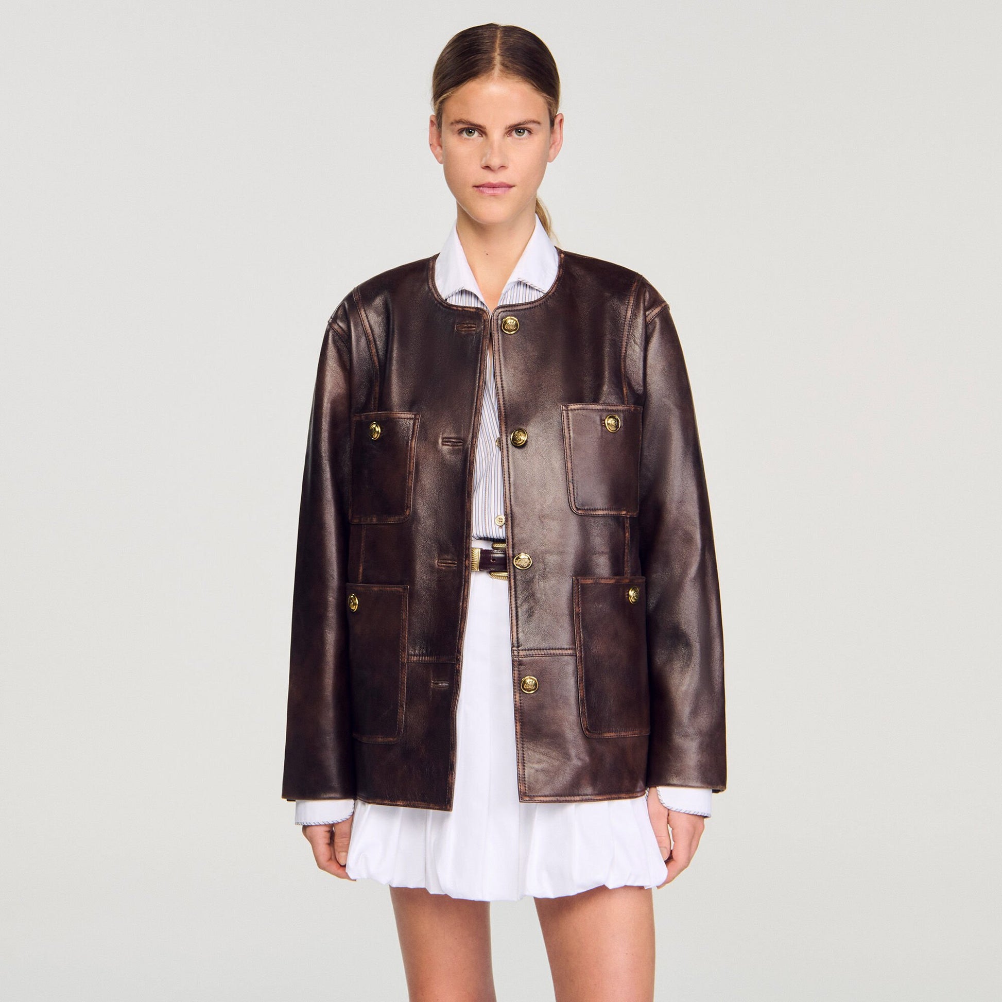 Sandro Long distressed leather jacket Black Brown