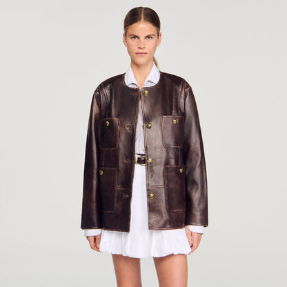 Sandro Long distressed leather jacket Black Brown