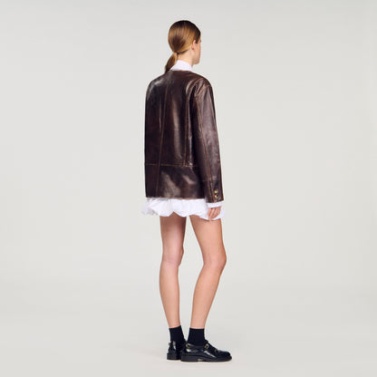 Sandro Long distressed leather jacket Black Brown