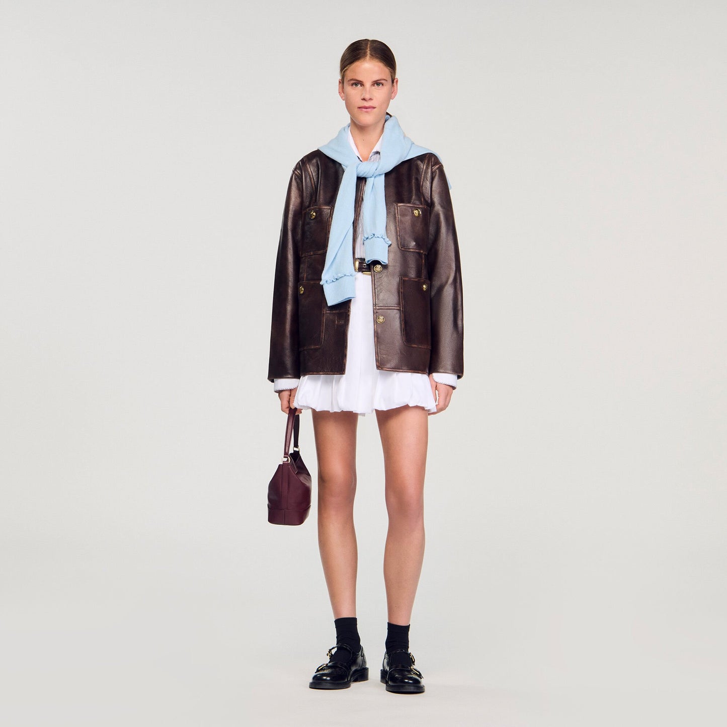 Sandro Long distressed leather jacket Black Brown