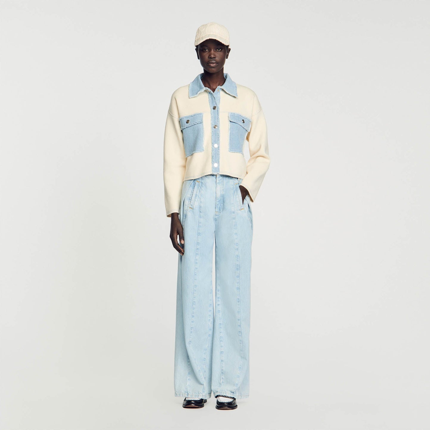 Sandro Oversized dual-material coatigan Ecru