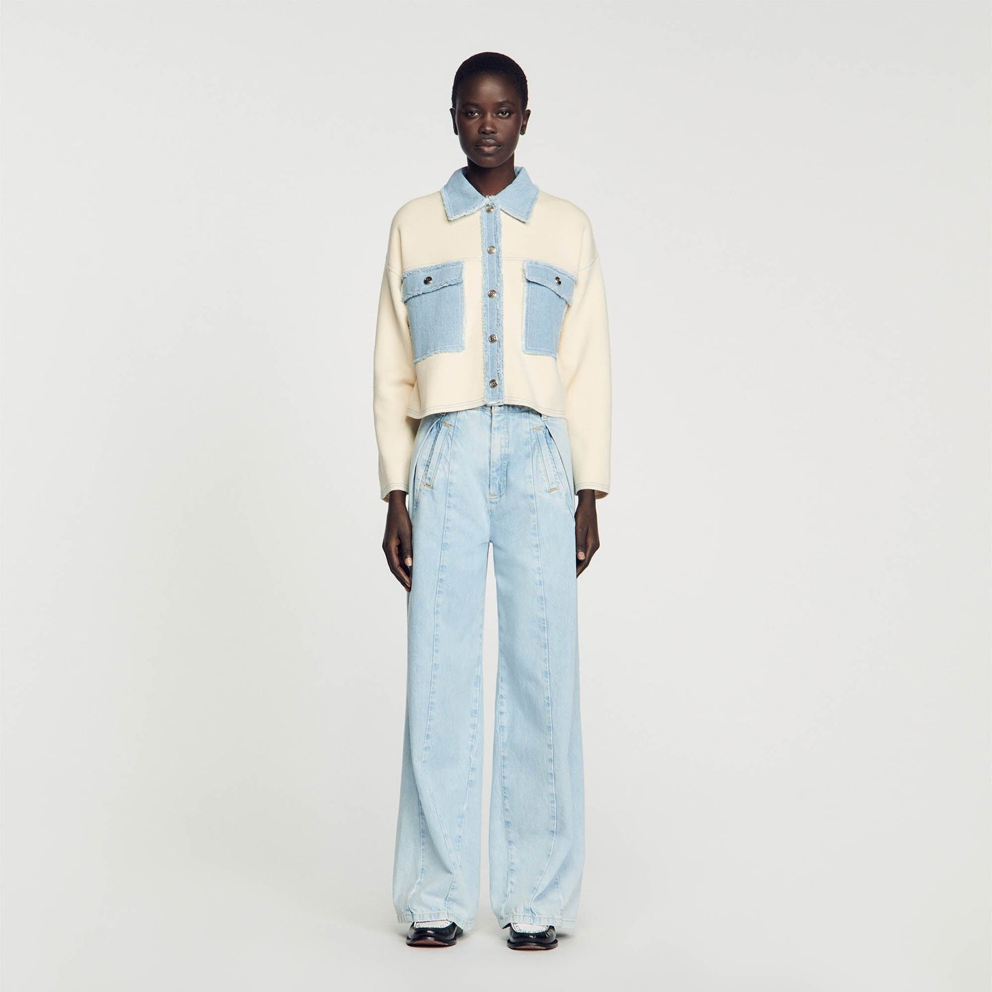 Sandro Oversized dual-material coatigan Ecru