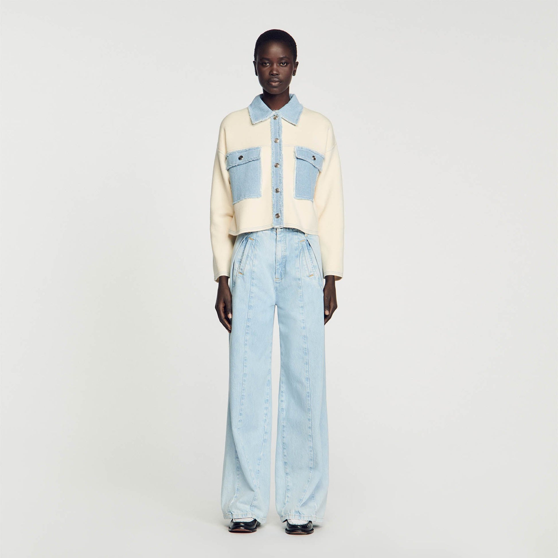 Sandro Oversized dual-material coatigan Ecru