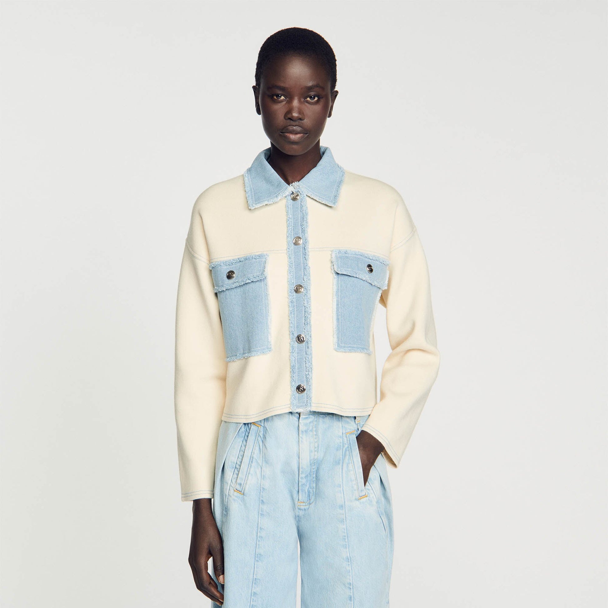 Sandro Oversized dual-material coatigan Ecru