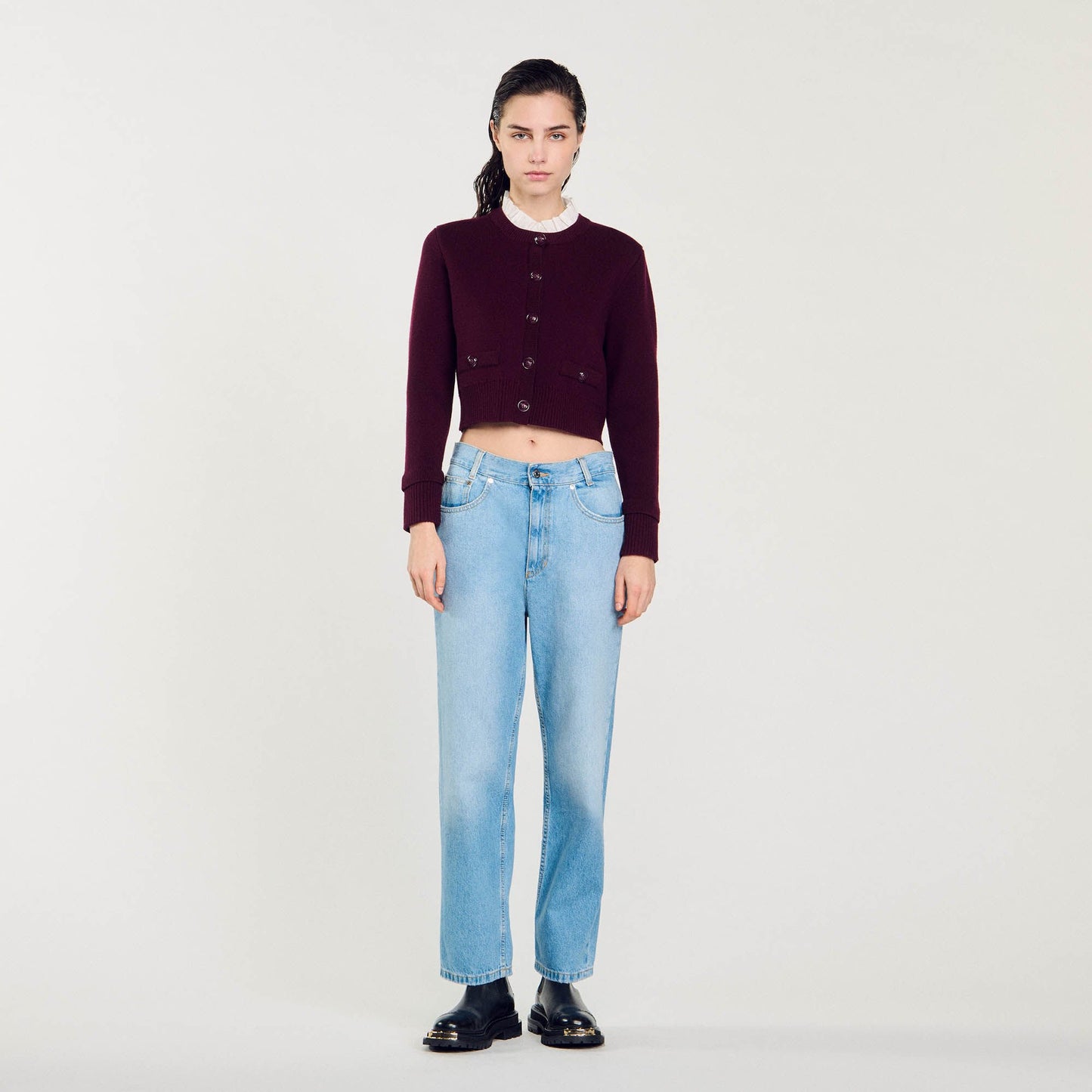 Sandro Knit cardigan with ruffled collar Bordeaux