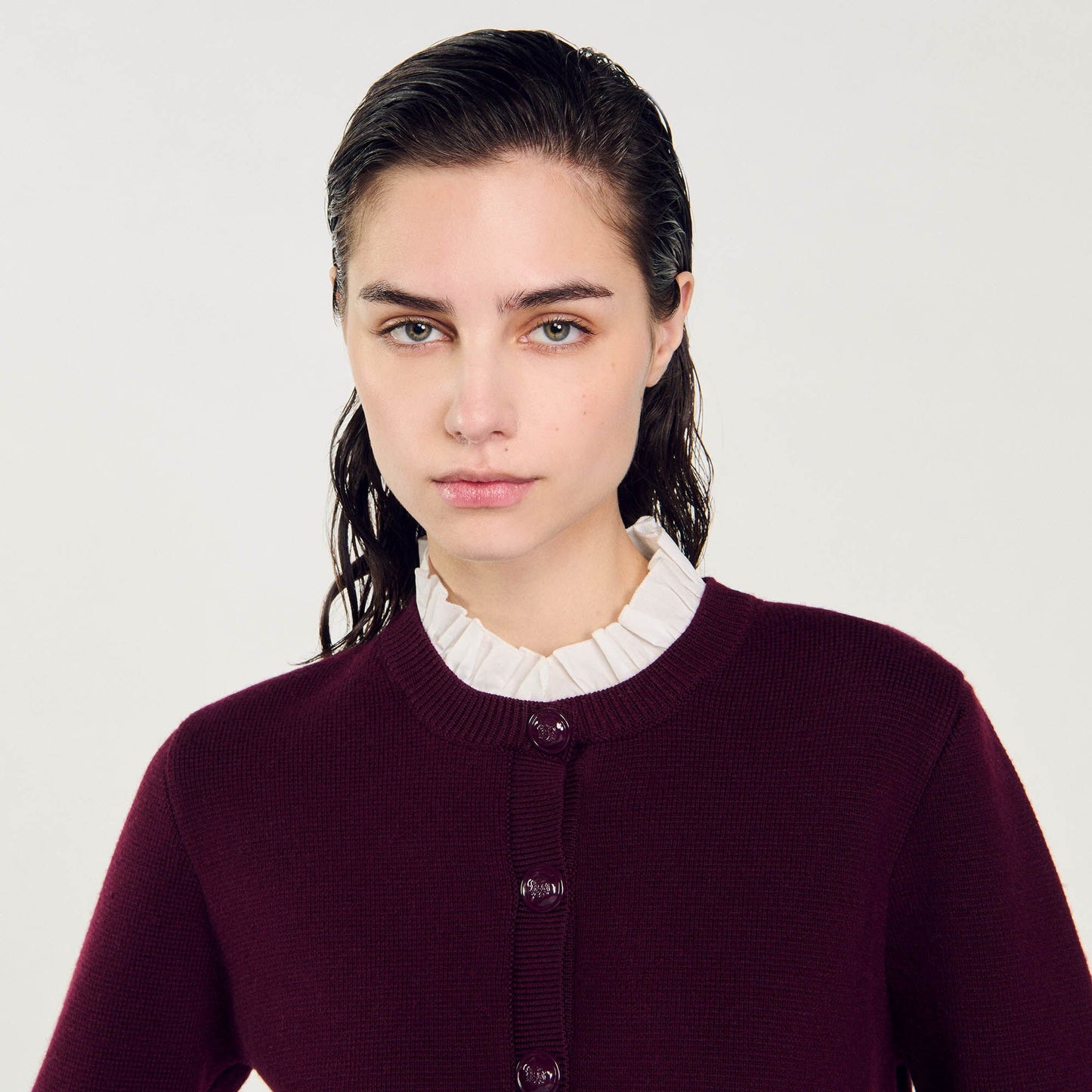 Sandro Knit cardigan with ruffled collar Bordeaux