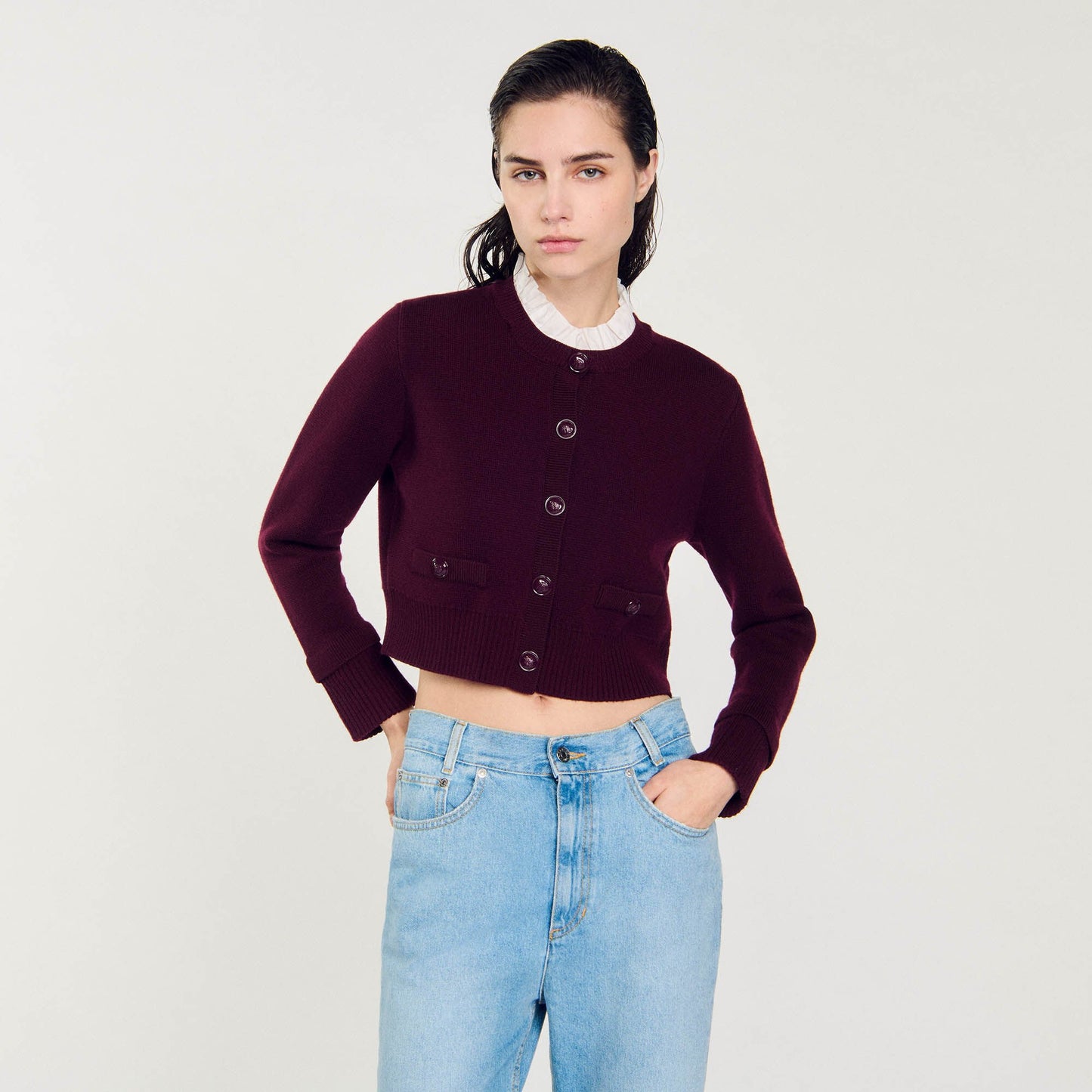 Sandro Knit cardigan with ruffled collar Bordeaux