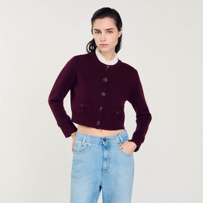 Sandro Knit cardigan with ruffled collar Bordeaux