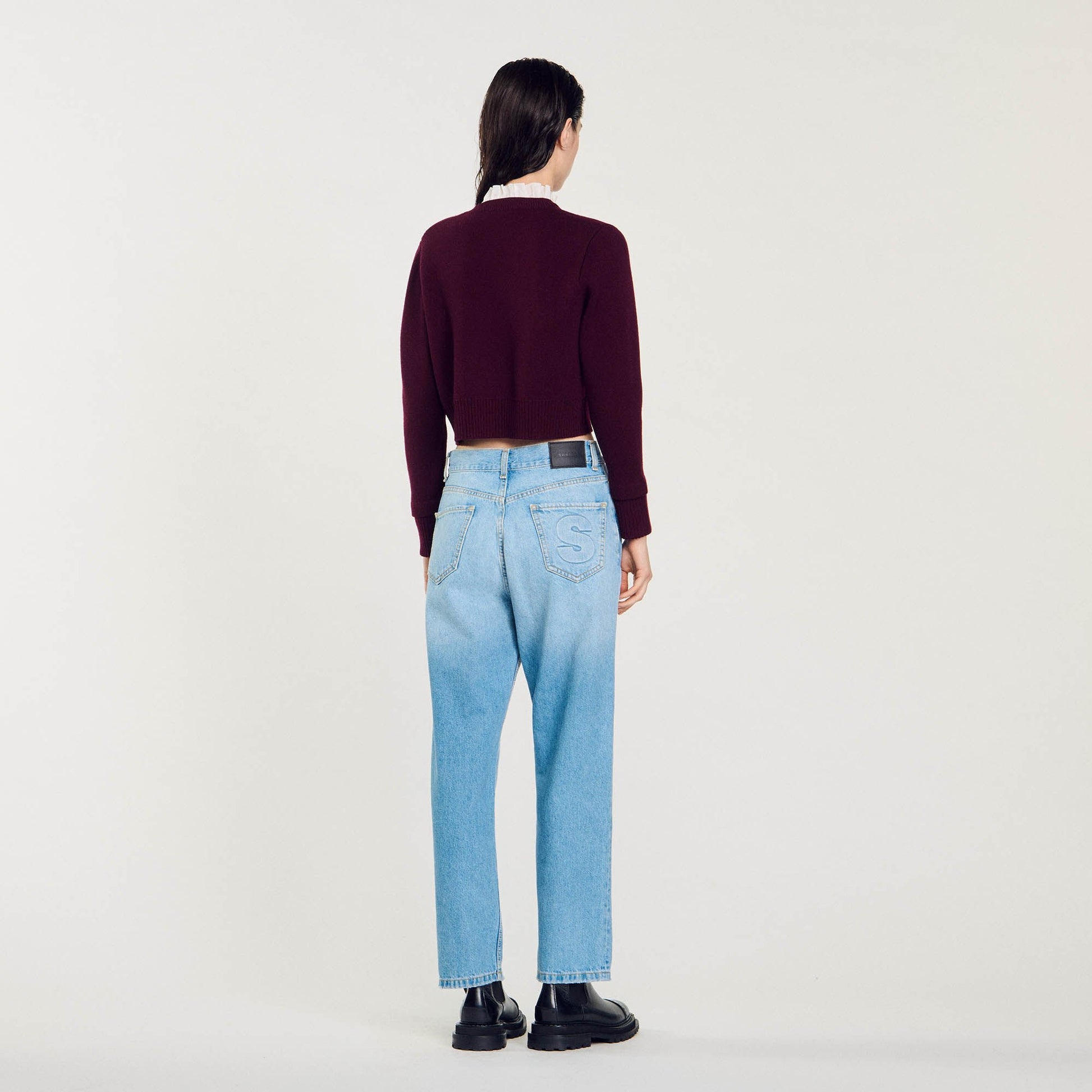 Sandro Knit cardigan with ruffled collar Bordeaux