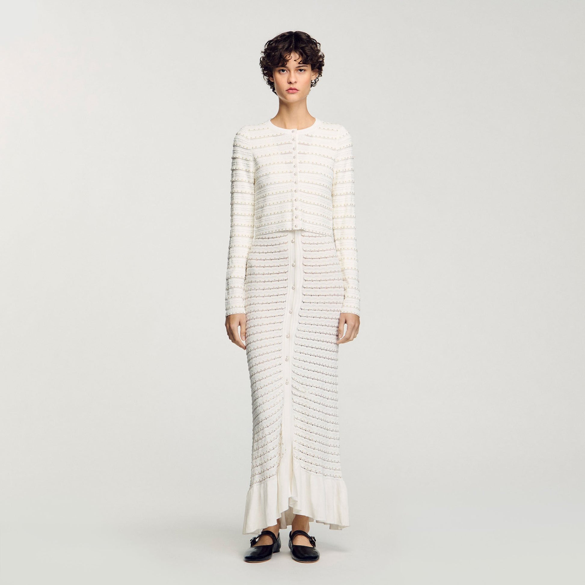 Sandro Cropped cardigan with pearl buttons Ecru