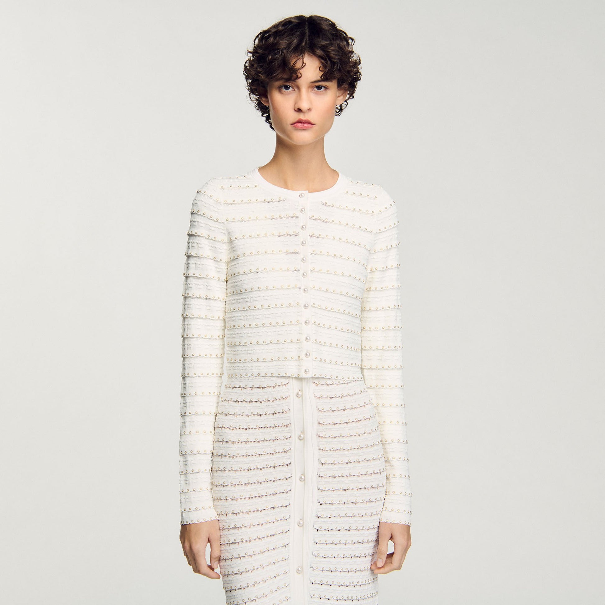 Sandro Cropped cardigan with pearl buttons Ecru