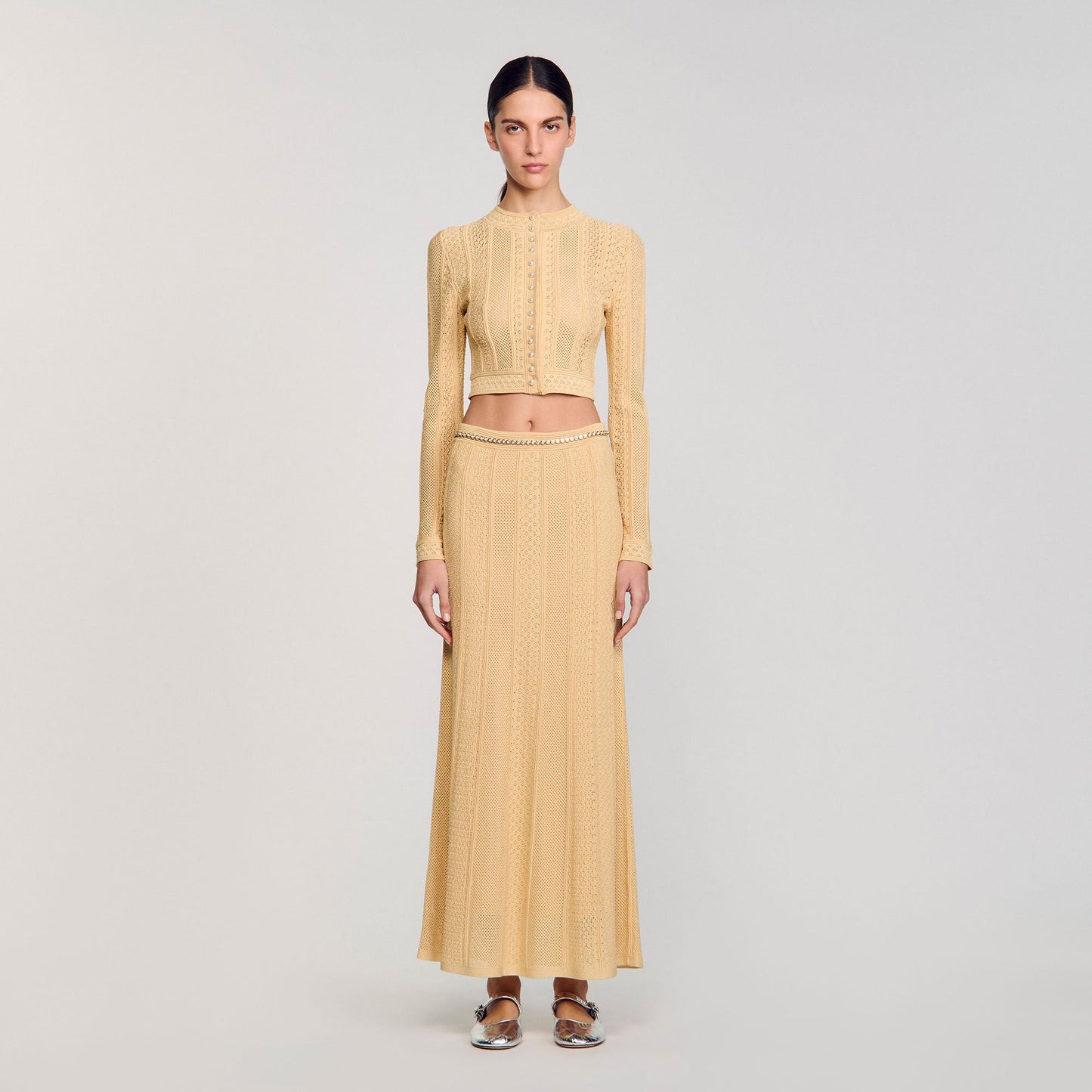 Sandro Pointelle knit cardigan Gold
