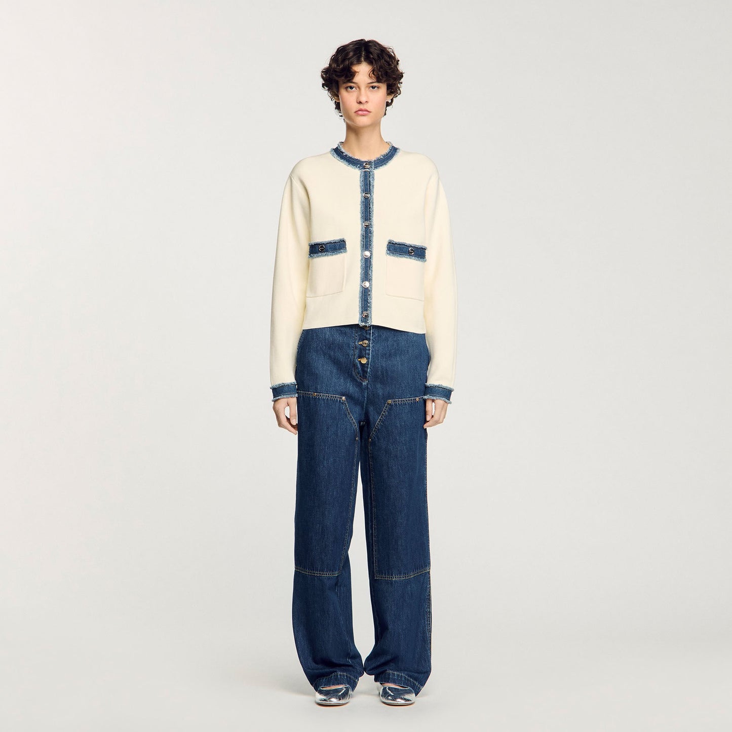 Sandro Cardigan with denim details Ecru