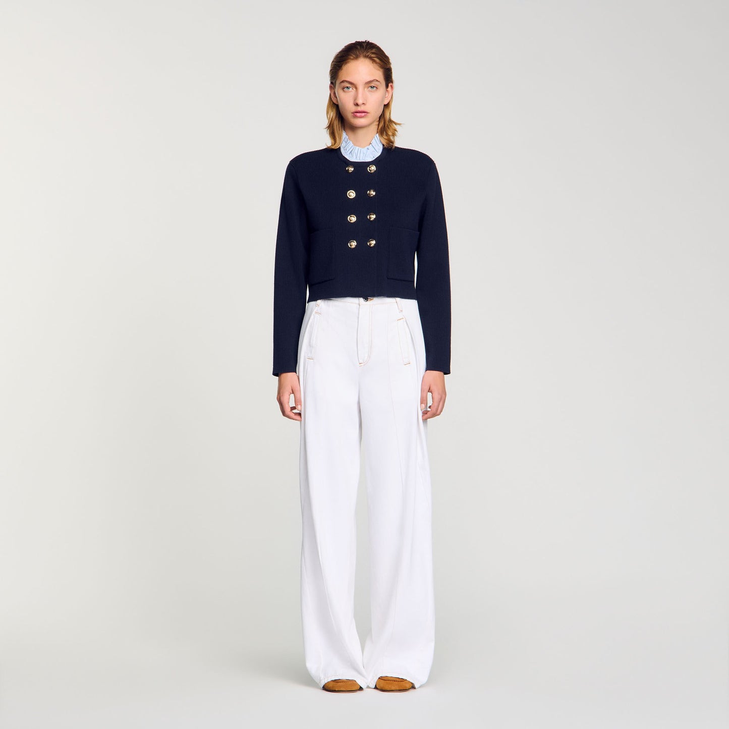 Sandro Cardigan with removable ruffled collar Navy Blue