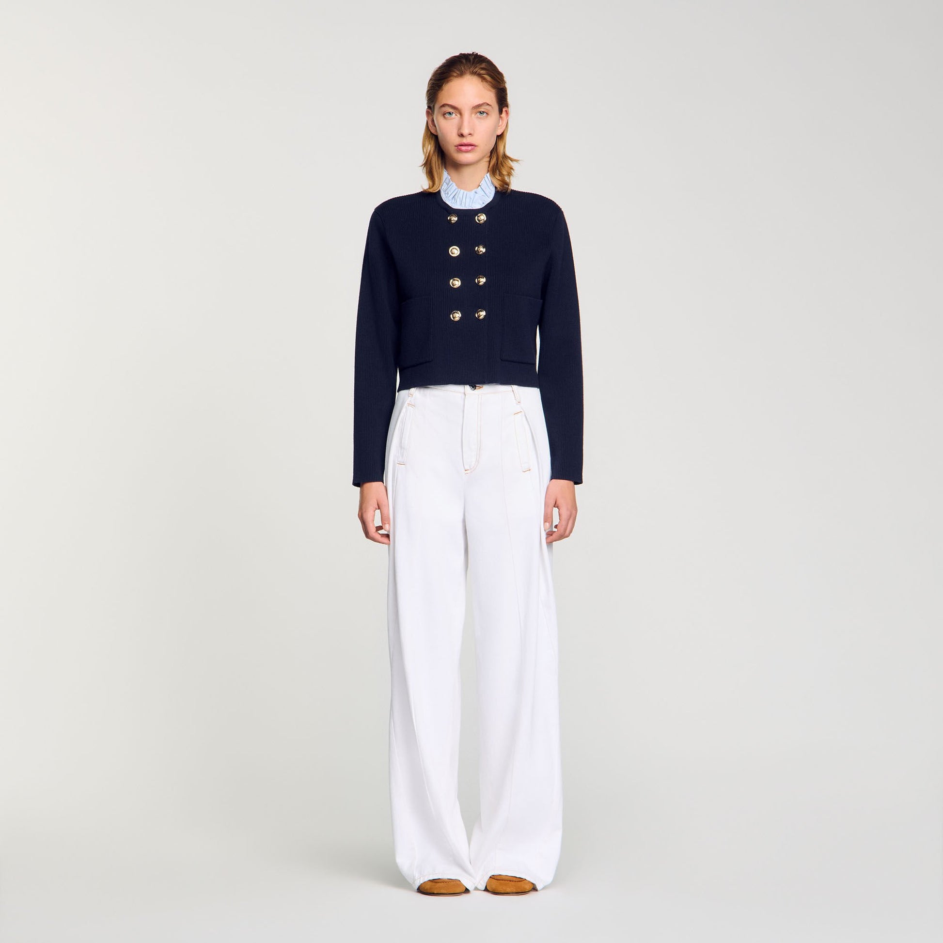 Sandro Cardigan with removable ruffled collar Navy Blue