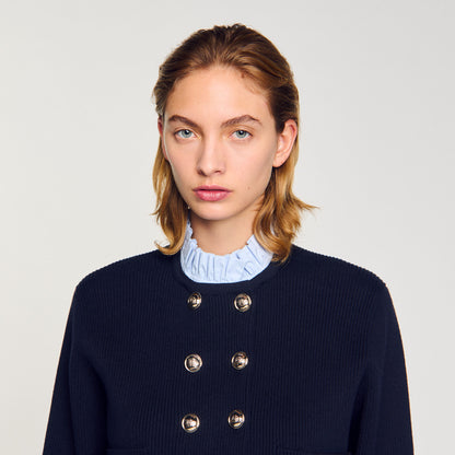 Sandro Cardigan with removable ruffled collar Navy Blue