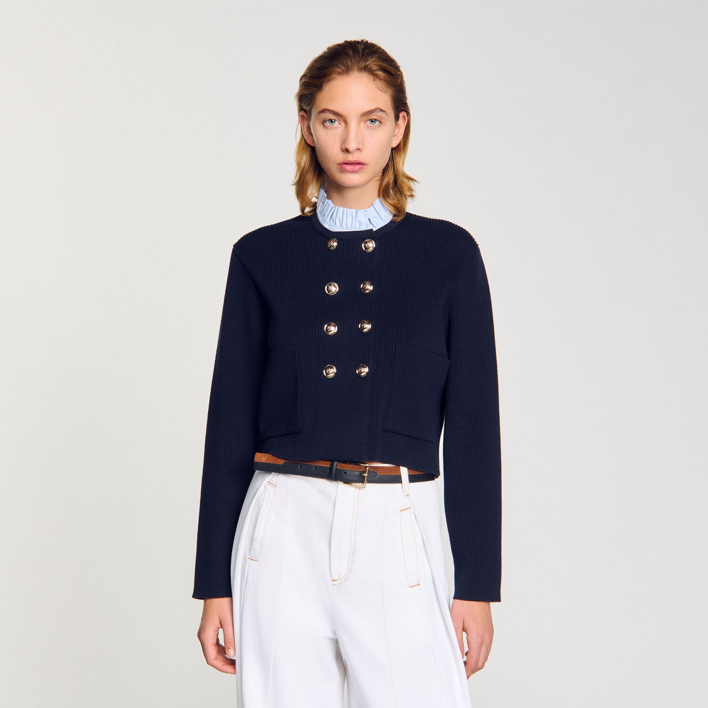 Sandro Cardigan with removable ruffled collar Navy Blue