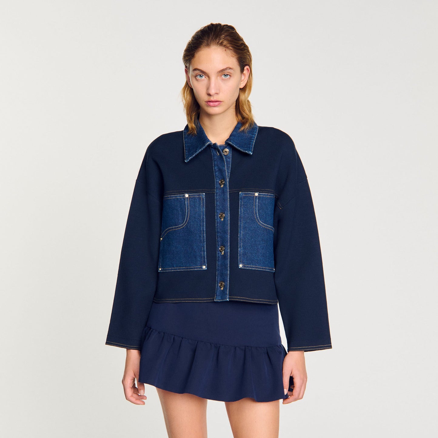 Sandro Denim detail cardigan Navy Blue