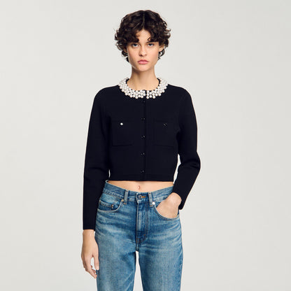 Sandro Cardigan with beaded collar Black