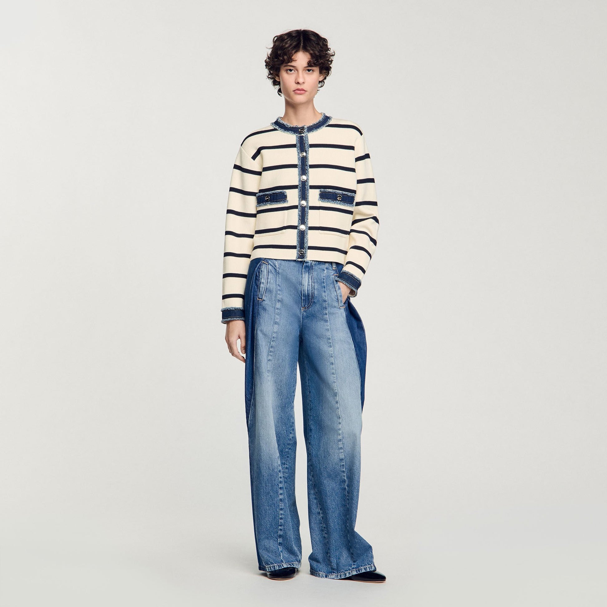 Sandro Striped cardigan with denim details Ecru