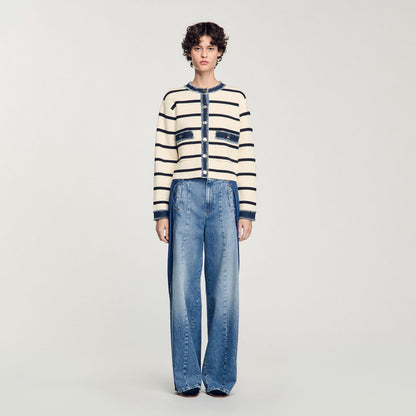 Sandro Striped cardigan with denim details Ecru