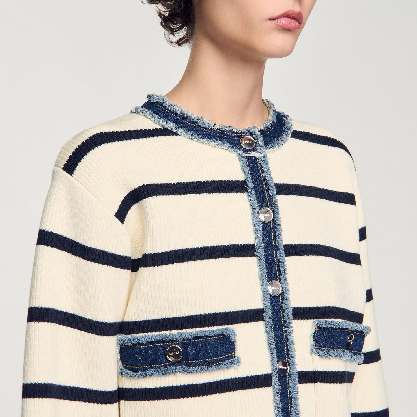 Sandro Striped cardigan with denim details Ecru