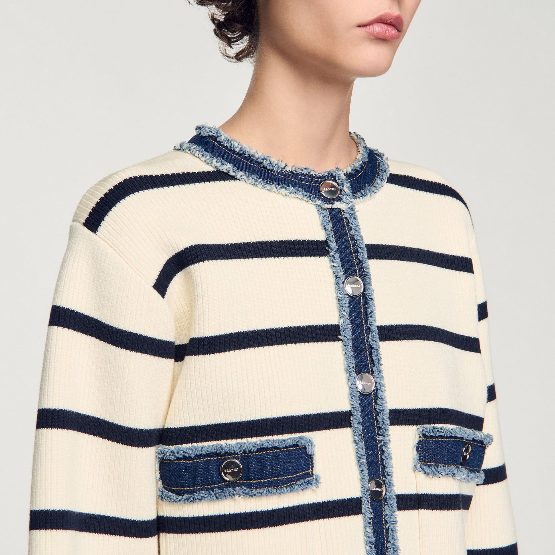 Sandro Striped cardigan with denim details Ecru