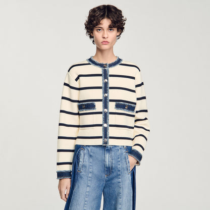 Sandro Striped cardigan with denim details Ecru