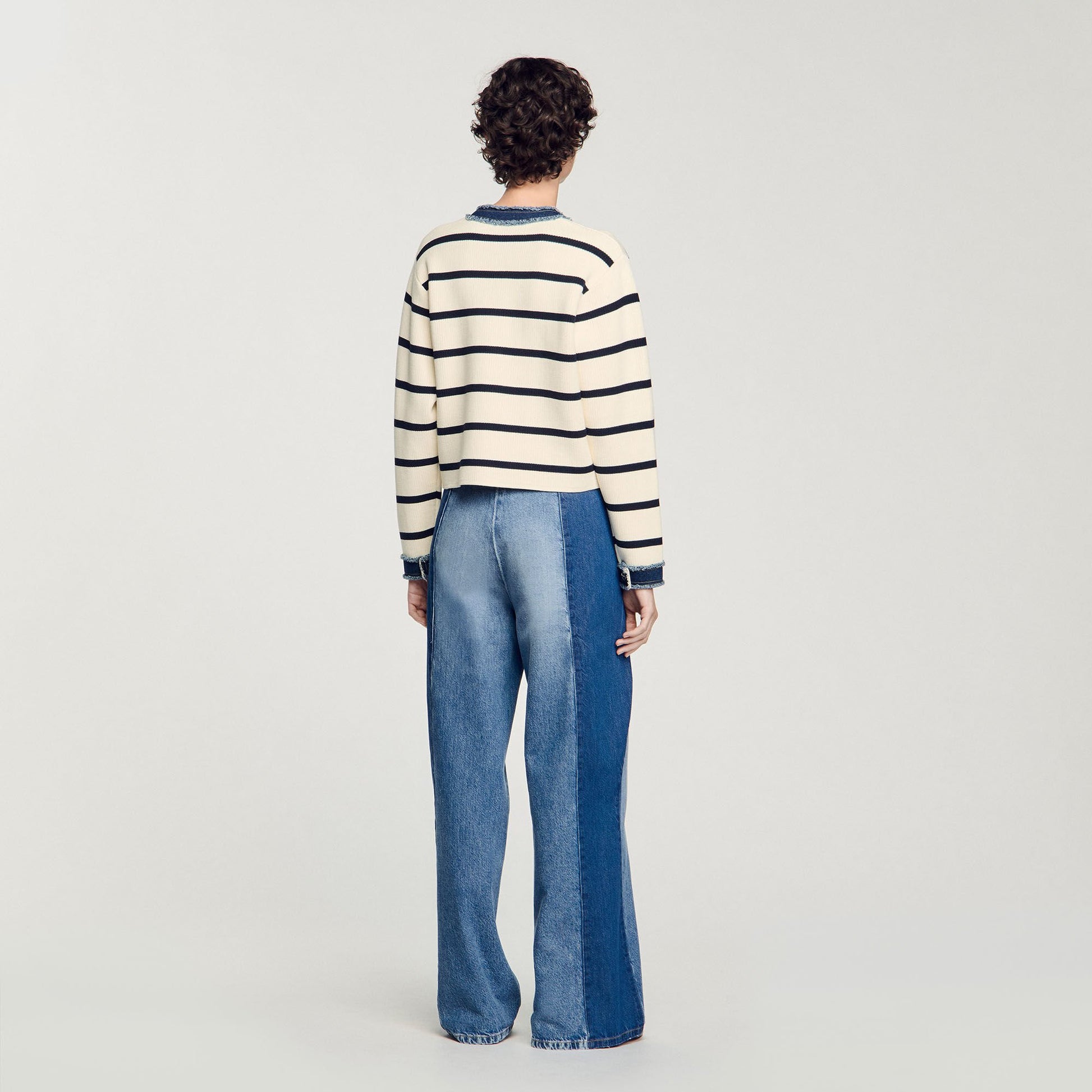 Sandro Striped cardigan with denim details Ecru