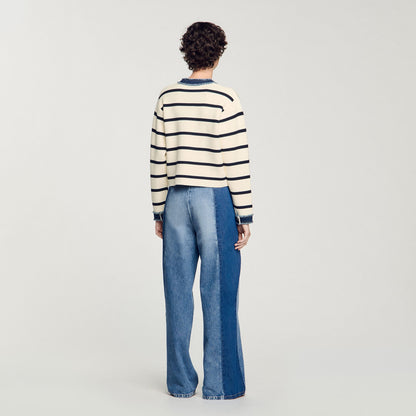 Sandro Striped cardigan with denim details Ecru