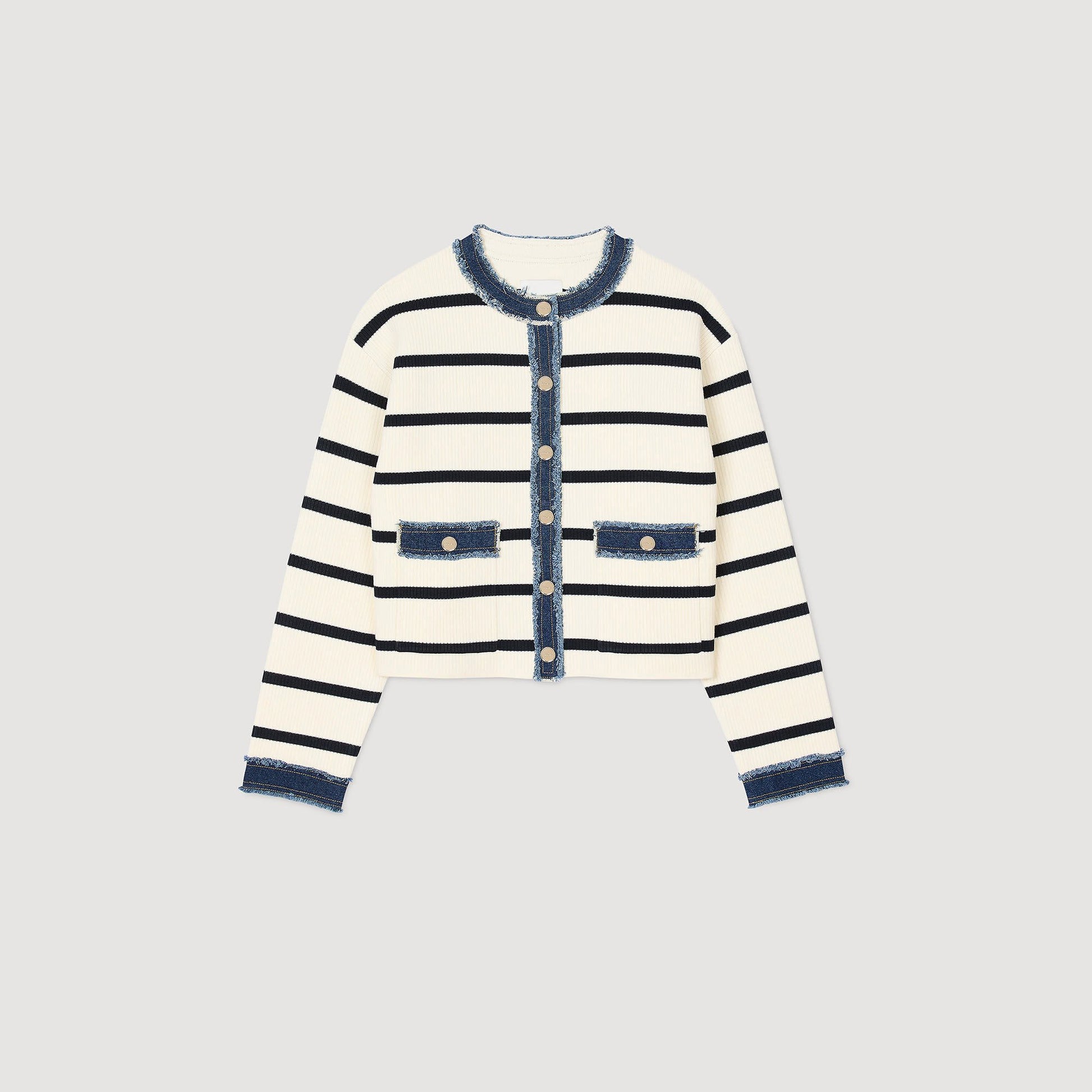 Sandro Striped cardigan with denim details Ecru