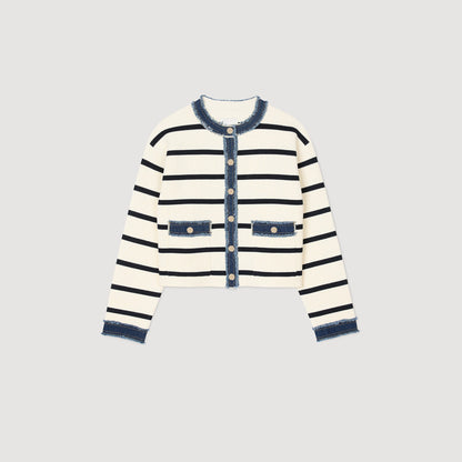 Sandro Striped cardigan with denim details Ecru