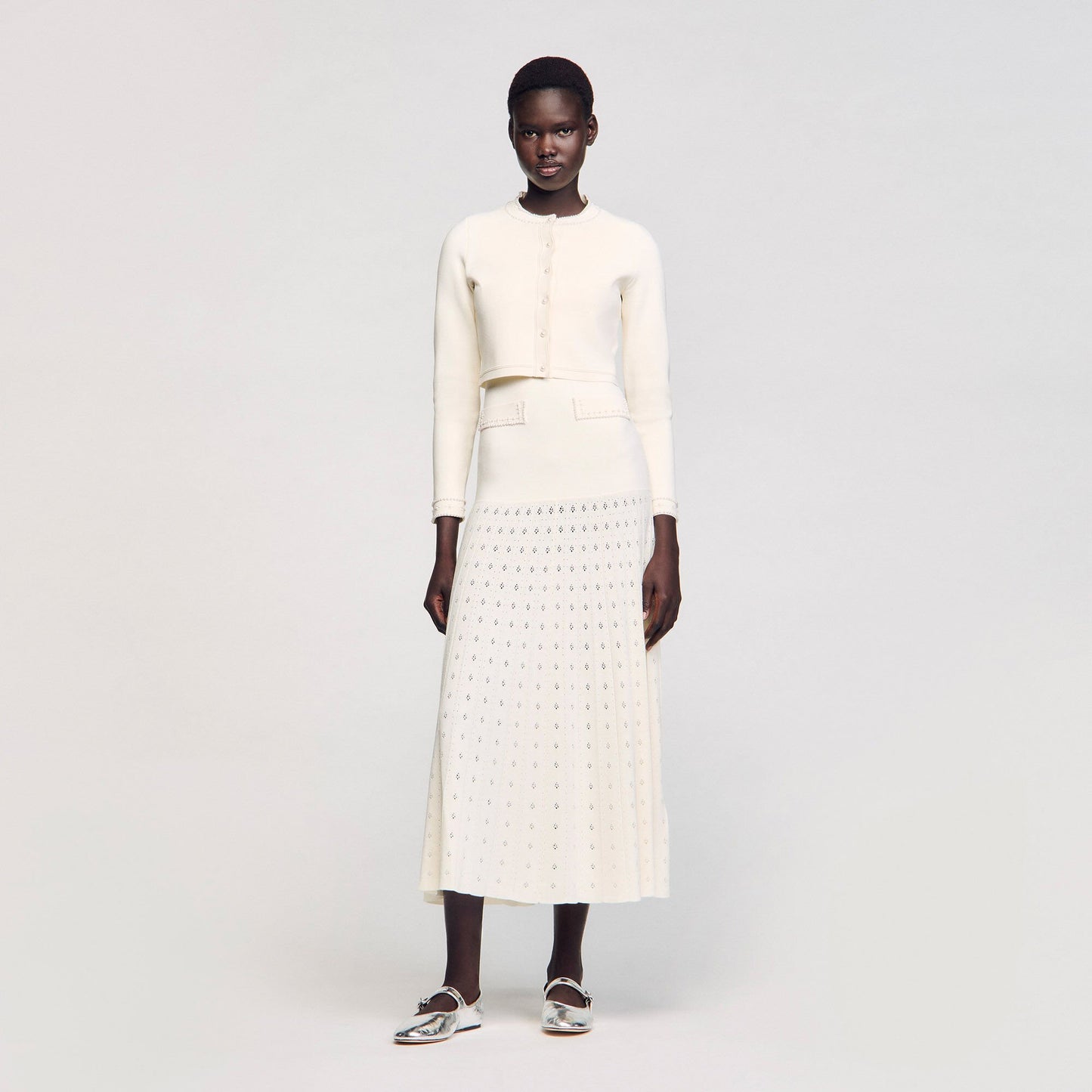 Sandro Cropped cardigan with pearl buttons Ecru
