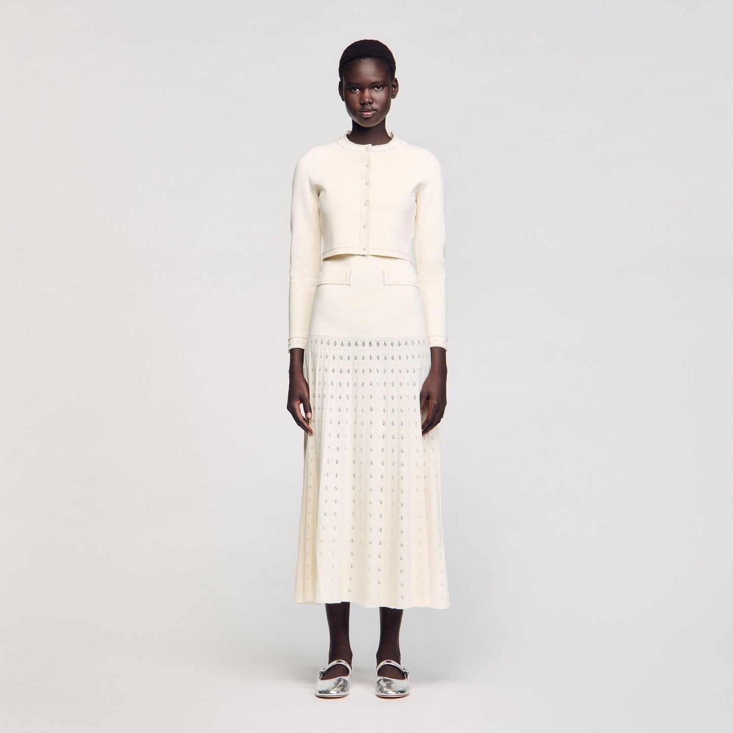 Sandro Cropped cardigan with pearl buttons Ecru