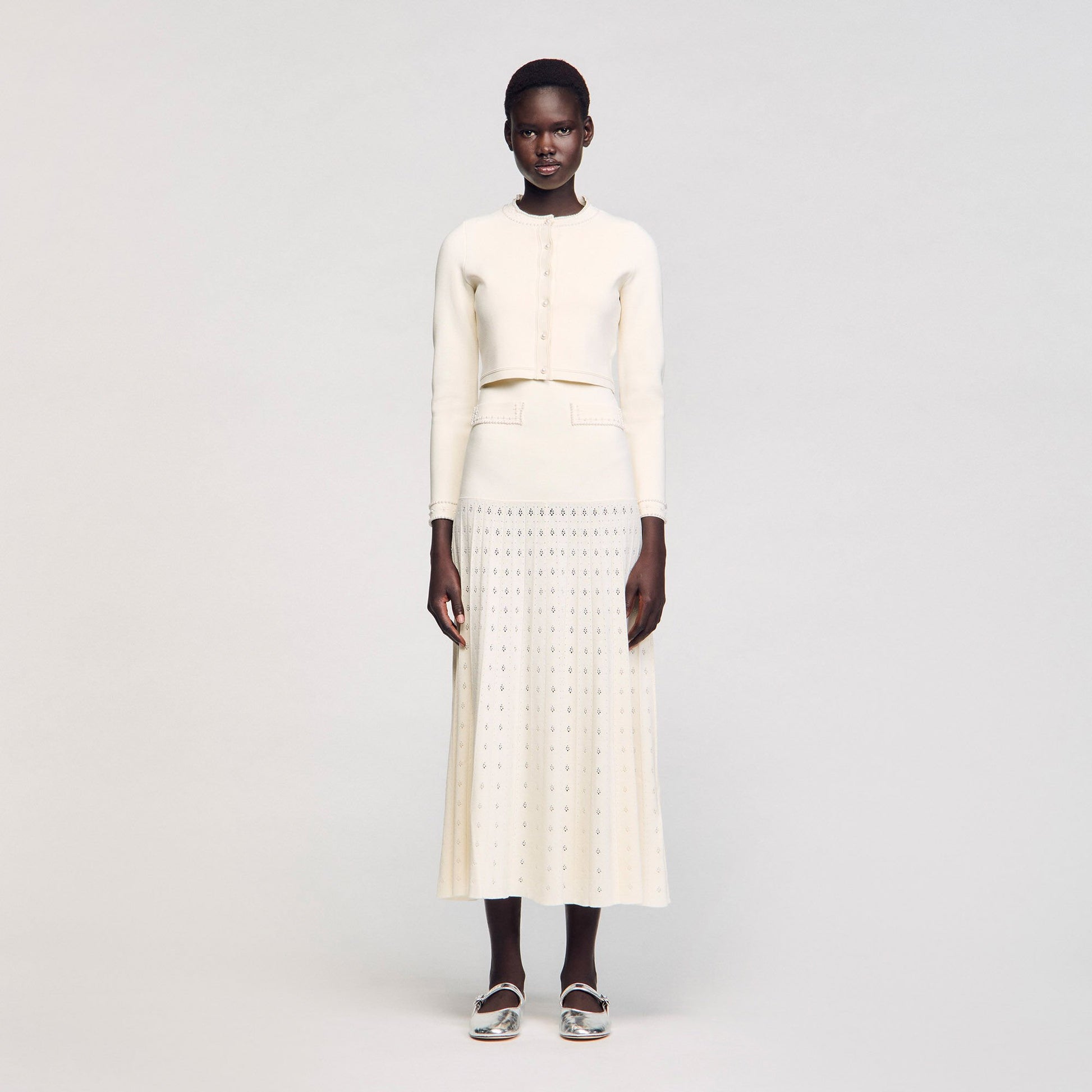 Sandro Cropped cardigan with pearl buttons Ecru