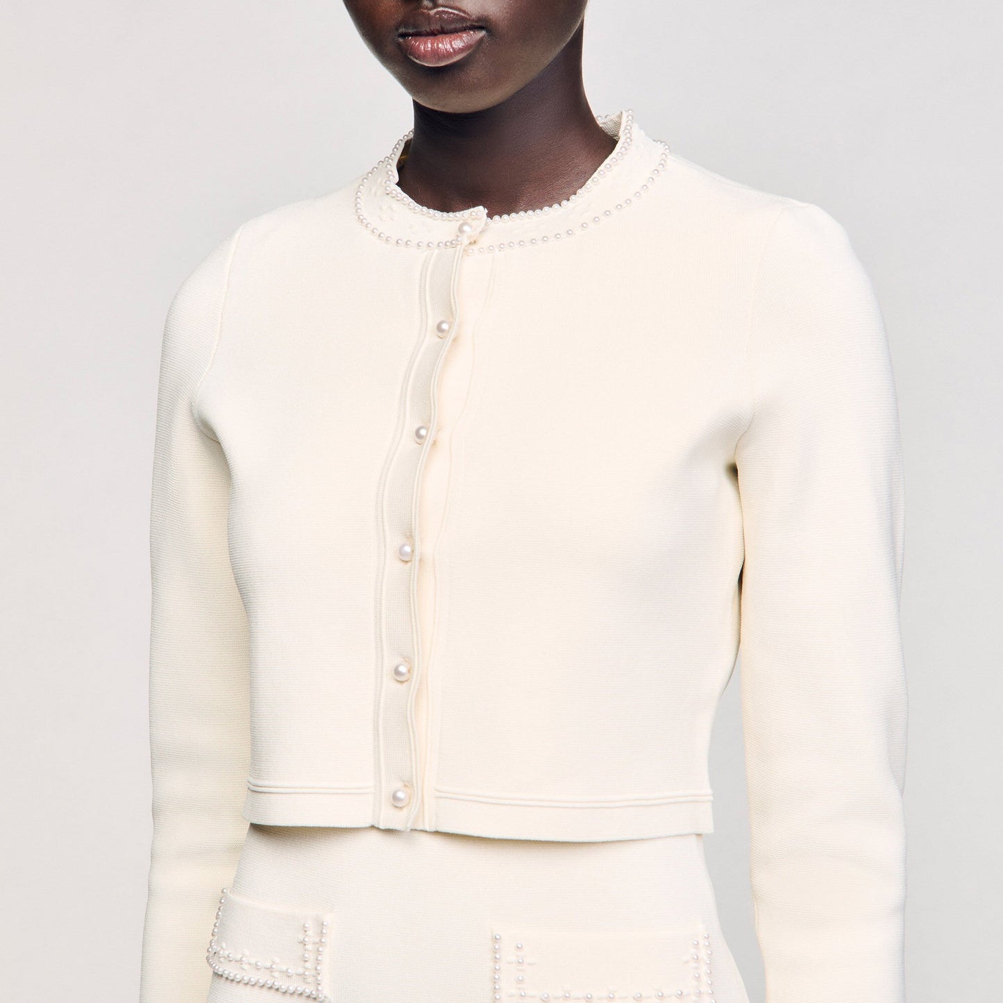 Sandro Cropped cardigan with pearl buttons Ecru