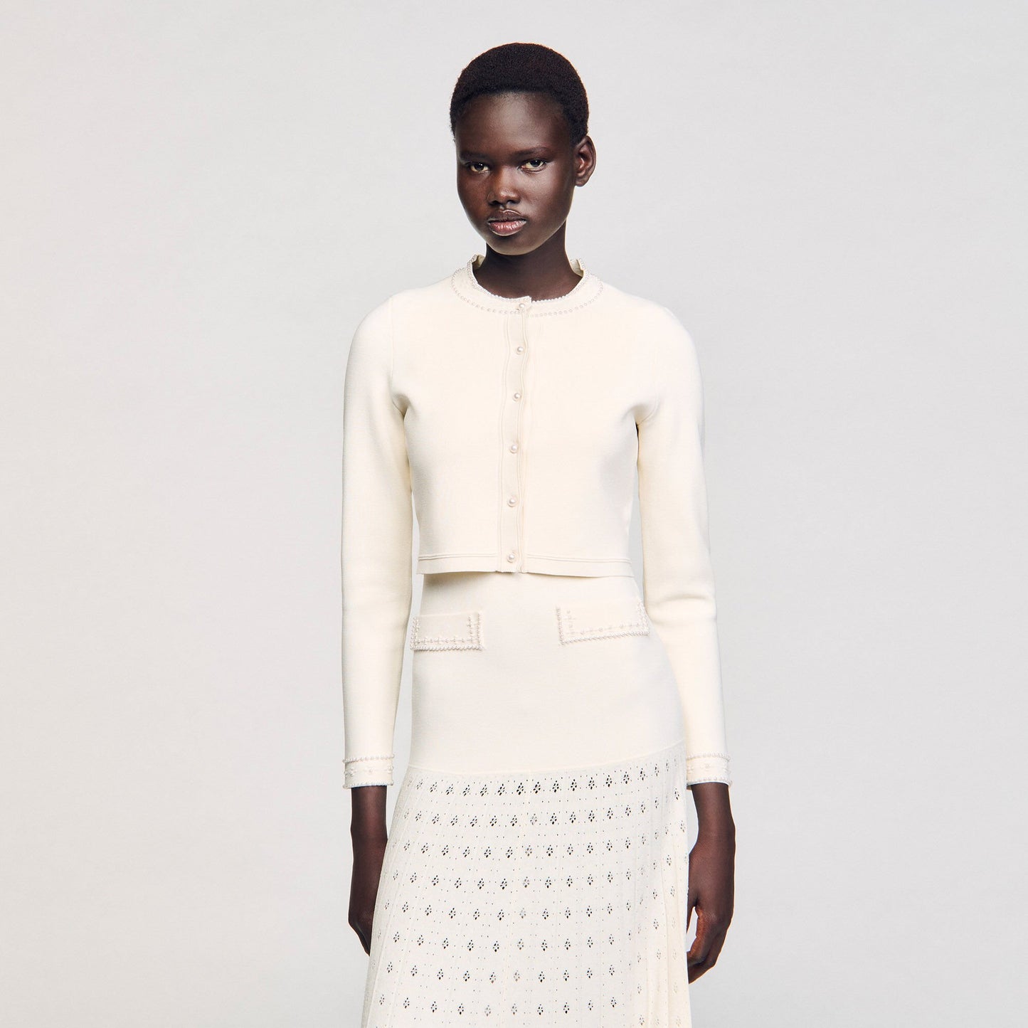 Sandro Cropped cardigan with pearl buttons Ecru