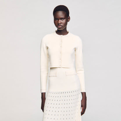 Sandro Cropped cardigan with pearl buttons Ecru