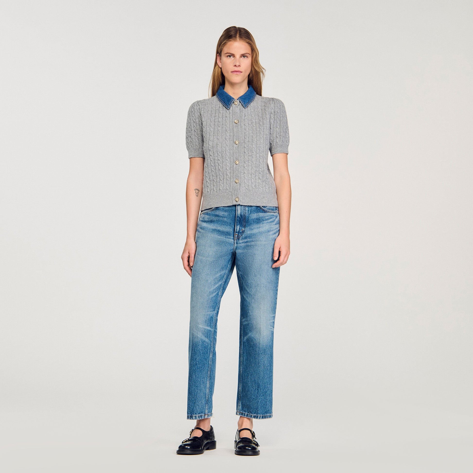 Sandro Cardigan with denim collar Grey