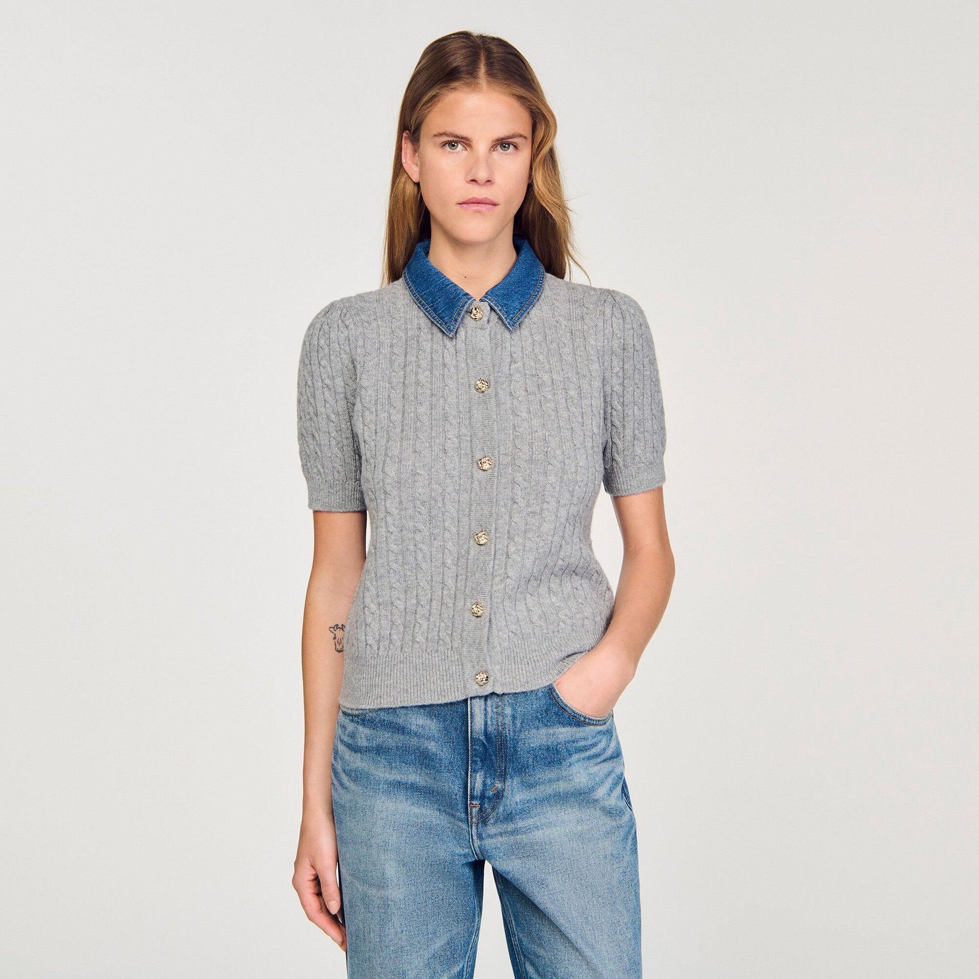 Sandro Cardigan with denim collar Grey