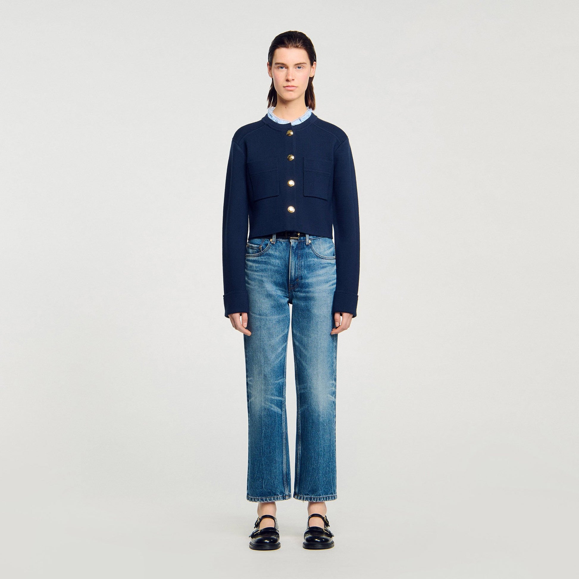 Sandro Cardigan with ruffle collar Navy Blue